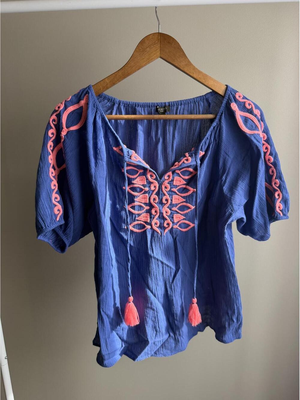 Talbots 100% cotton embroidered blouse with tassels